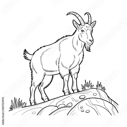 Mountain goat on a steep hill Coloring Page, Vector, Illustration, Icon, Outline, Line Art, Silhouette, Logo, White Background.