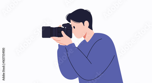 Photographer with camera ready to capture an image, isolated on white