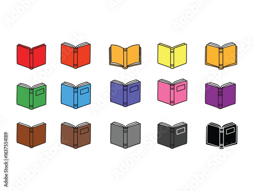 Colorful Book Array: A vibrant collection of open books arranged in rows, showcasing a spectrum of colors and representing knowledge, learning, and education.