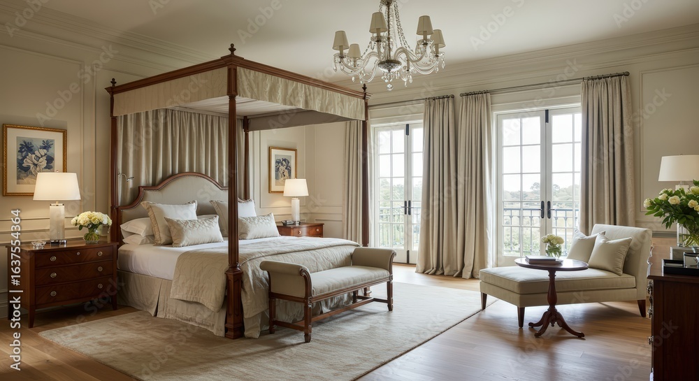 A luxurious master bedroom suite with a king-sized canopy bed, high ceilings, silk bedding, and a small seating area with elegant furniture. A luxurious master bedroom suite with a king-sized canopy bed, high ceilings, silk bedding, and a small seating area with elegant furniture.
