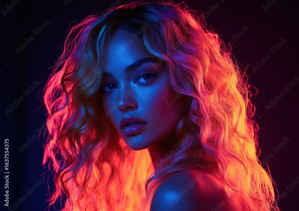 Fototapeta premium Stunning Portrait of Woman with Vibrant Blue and Pink Lights Creating a Dreamy Atmosphere