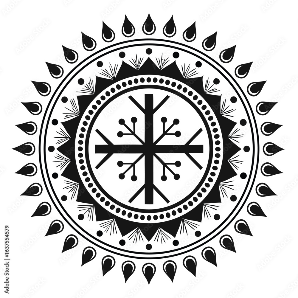 Obraz premium Intricate Black and White Circular Motif: A Stylized Ornamental Design with Radial Symmetry and Geometric Accents for Decorative Applications. 