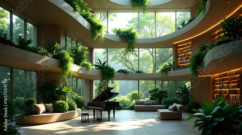 Grand piano in a botanical atrium with bookshelves and couches