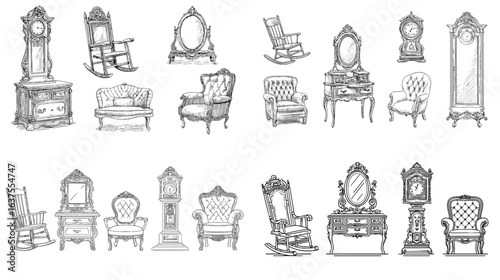 Detailed vintage-style illustration of antique furniture including chairs, rocking chairs, dressers, and grandfather clocks, perfect for classic interior design projects.

