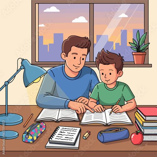 Father patiently guides son through homework, fostering learning and bonding at home