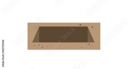 Simple open sandbox, tan and brown colors, top-down view, filled with sand