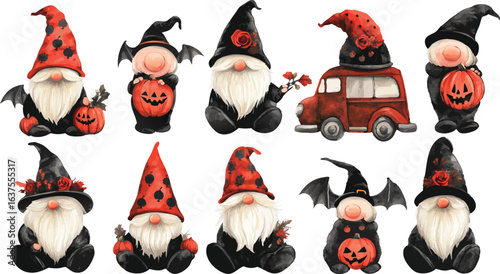 creative digital colorful vibrant crisp clean stylish elegant modern detailed professional high quality title Halloween Gnomes with Pumpkins and a Vintage Truck