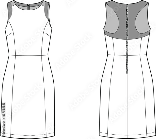 CAD technical flat drawing vector illustration of sleeveless fitted dress with back zipper, yoke detail, and color blocked shoulders.