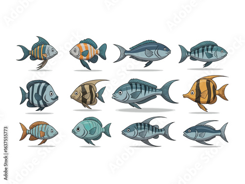 Aquatic Diversity: A vibrant collection of fish species, each uniquely illustrated with intricate detail, offers a glimpse into the fascinating world of marine life.