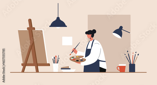 Artist at work with palette, brushes, easel, paints, light fixture, wearing apron