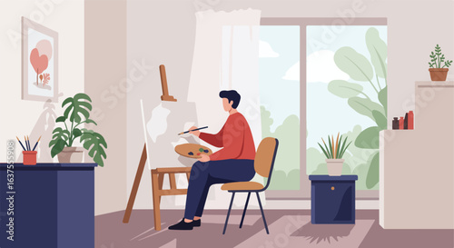Creating art  An artist paints at his canvas amidst plants in an airy, bright room