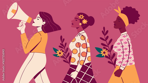 Three Diverse Women Marching for Equality and Empowerment.