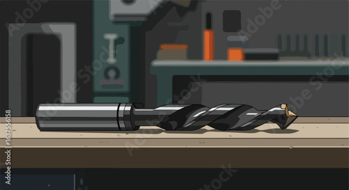 Cartoon illustration drill bit resting on a bench. Dark workshop, tools