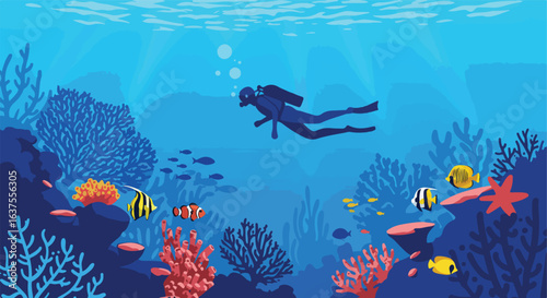 Underwater scene, diver swims, fishes around the reefs in various sizes and colors