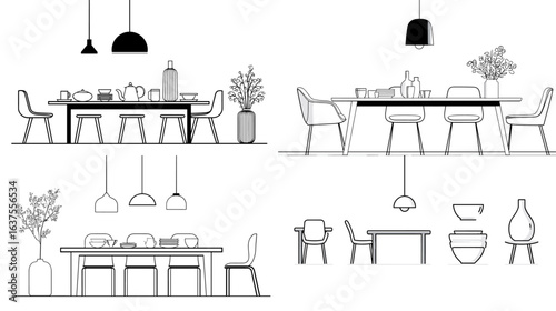 Minimalist line of dining room furniture including tables, chairs, pendant lamps, and vases, perfect for interior design and home decor projects.

