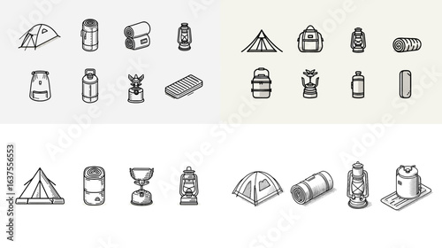 Minimalist line icons of camping gear including tents, sleeping bags, backpacks, lanterns, and bottles, perfect for outdoor adventure and travel designs.

