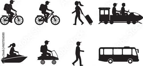Set of transportation and travel icons featuring people on bicycles trains cars buses and watercraft