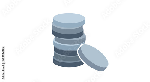 A stack of coins with an additional coin falling out on a white background