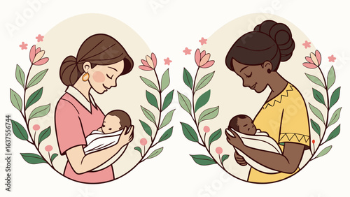 Two Mothers Holding Their Babies in Floral Frames.