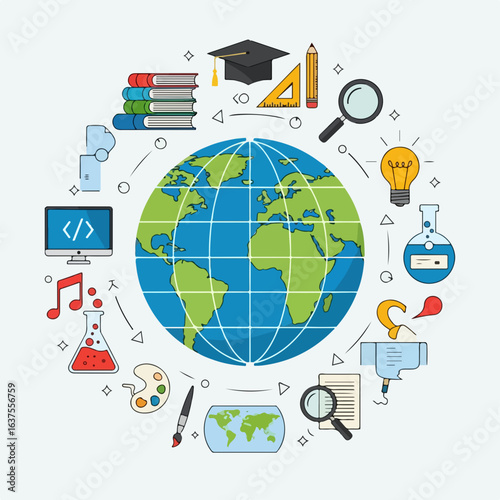 Global education and science icons circle the Earth, symbolizing knowledge and discovery worldwide.