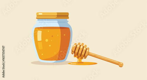 Honey jar with dipper, featuring a yellow sugary liquid with spots on a tan surface