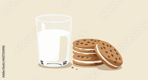 Sweet Treat Tall glass of fresh milk with stacked chocolate chip sandwich cookies