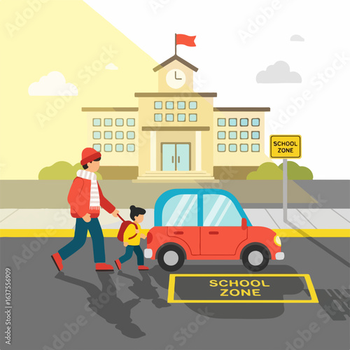 Father guides child safely across road near school entrance with school zone marking and parked car.
