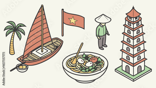 Vietnamese Cultural Icons Palm Tree Boat Flag Noodles Person Pagoda.
