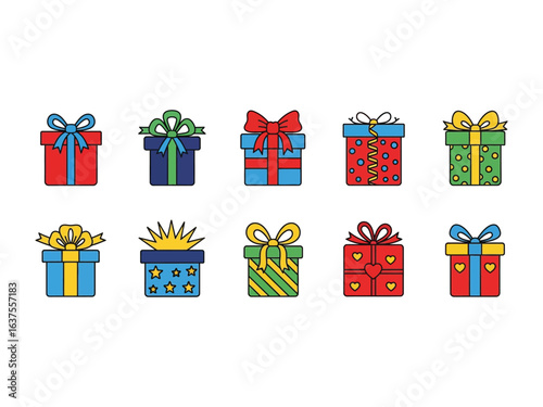 Festive Gift Collection: A vibrant collection of colorful gift boxes, each adorned with a decorative bow, representing joy, surprise, and the spirit of giving.