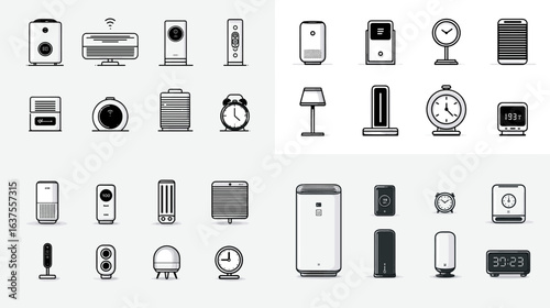 Minimalist line icons of home appliances and small electronic devices including air purifiers, heaters, clocks, and lamps, perfect for home and lifestyle designs.

