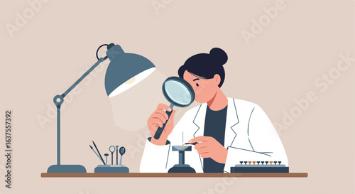 At a desk, a person examines with magnifying glass a small object with tweezers