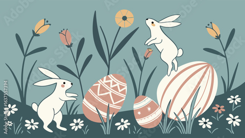 Whimsical Easter Scene with Bunnies Decorated Eggs and Floral Elements.