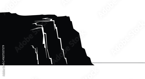 Silhouette graphic of a rugged cliffside with cracks on the face above the horizon