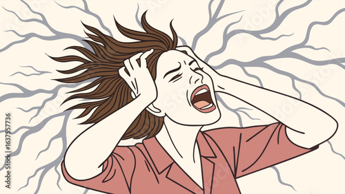 Woman Screaming Hair Blown Back Stress Anxiety Distress Illustration.