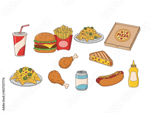 Assortment of Food Delight: An array of mouthwatering delights tempts the eye, capturing a range of culinary satisfaction, from savory to classic fast food favorites.