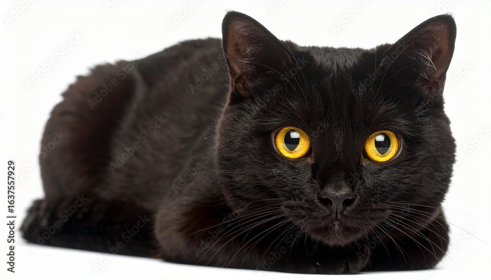 Black cat with bright yellow‑green eyes lying on white background, ears perked, direct gaze. Black cat with bright yellow‑green eyes lying on white background, ears perked, direct gaze.