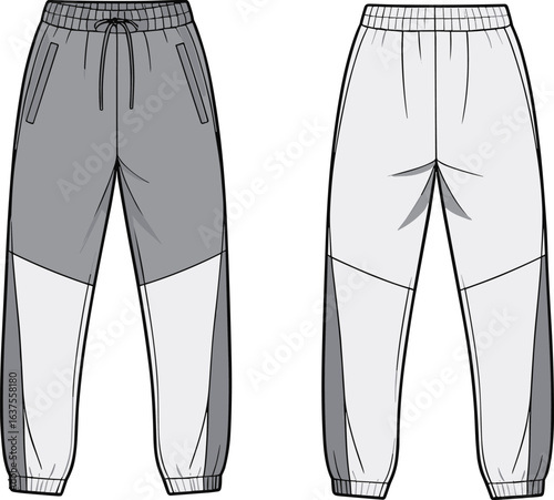 Color block jogger pants front and back view, flat sketch, vector fashion template, drawstring waist, cad drawing, sportswear design