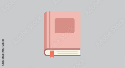 Pink book with bookmark, simple illustration, flat design against a gray background