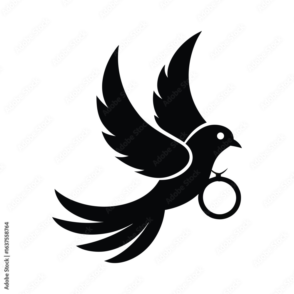Fototapeta premium Wedding Dove With Ring icon of silhouette vector illustration