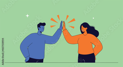 Two cartoon people in a high five pose, on a light green background with a flat design