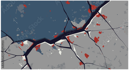 Abstract shattered design with blue and gray shades and a small red color splashes