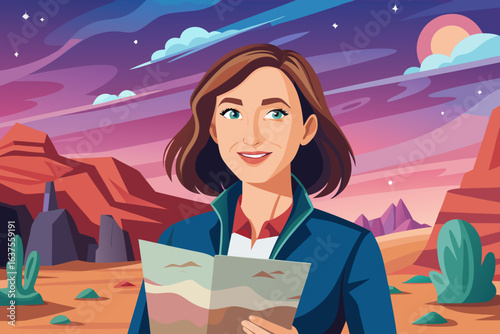 Smiling young European female tour guide holding a map, exuding optimism and friendliness. travel blogs, tourism advertising, adventure planning, and destination promotion visuals