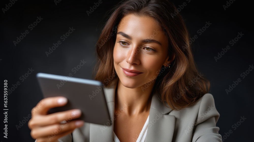 Fototapeta premium E wallet integration concept. A woman smiles while using a smartphone in a dark setting.