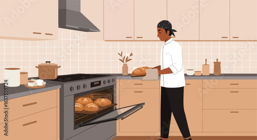 Baker in kitchen holding a tray of fresh bread, more baking in oven. Homey aesthetic