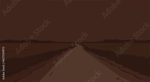 Monochrome road receding into the distance with hills under a brown sky