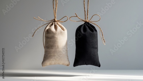 Two hanging drawstring pouches one beige and one black against a neutral background