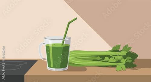 Celery blend Green smoothie with a straw sits beside a bunch of fresh celery