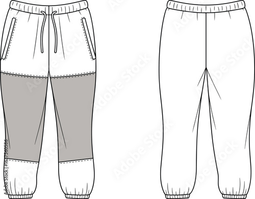 Jogger pants front and back view, color block sweatpants flat sketch, fashion vector illustration, casual wear design, unisex template