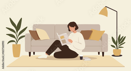 Woman reading a book on a living room rug with plants, lamp, sofa, and coffee