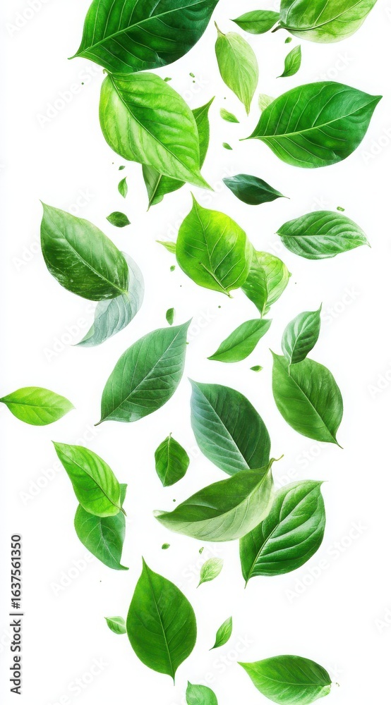 Fresh Green Leaves Falling in a Beautiful Cascade on a Bright White Background for Nature and Wellness Themes Fresh Green Leaves Falling in a Beautiful Cascade on a Bright White Background for Nature and Wellness Themes